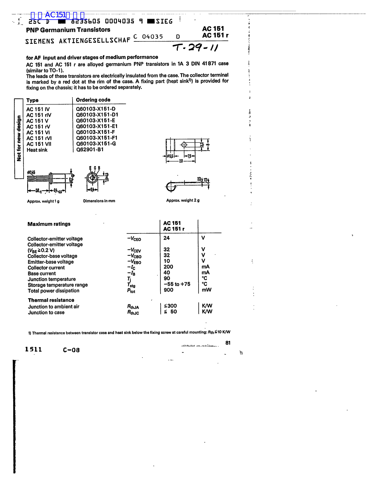 Siemens AC151 Technical data