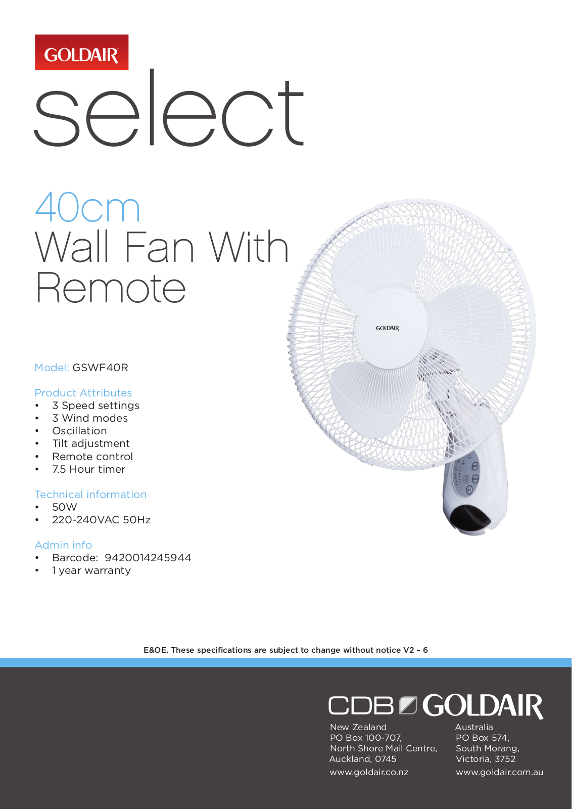 Goldair GSWF40R Specifications Sheet