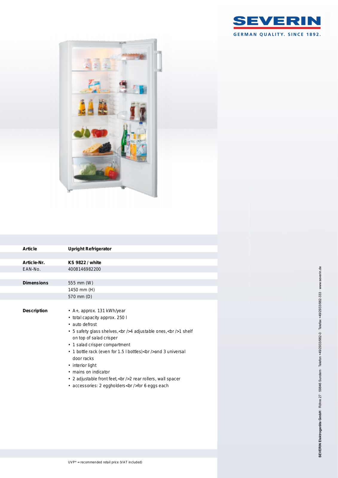 Severin KS 9822, UPRIGHT REFRIGERATOR User Manual