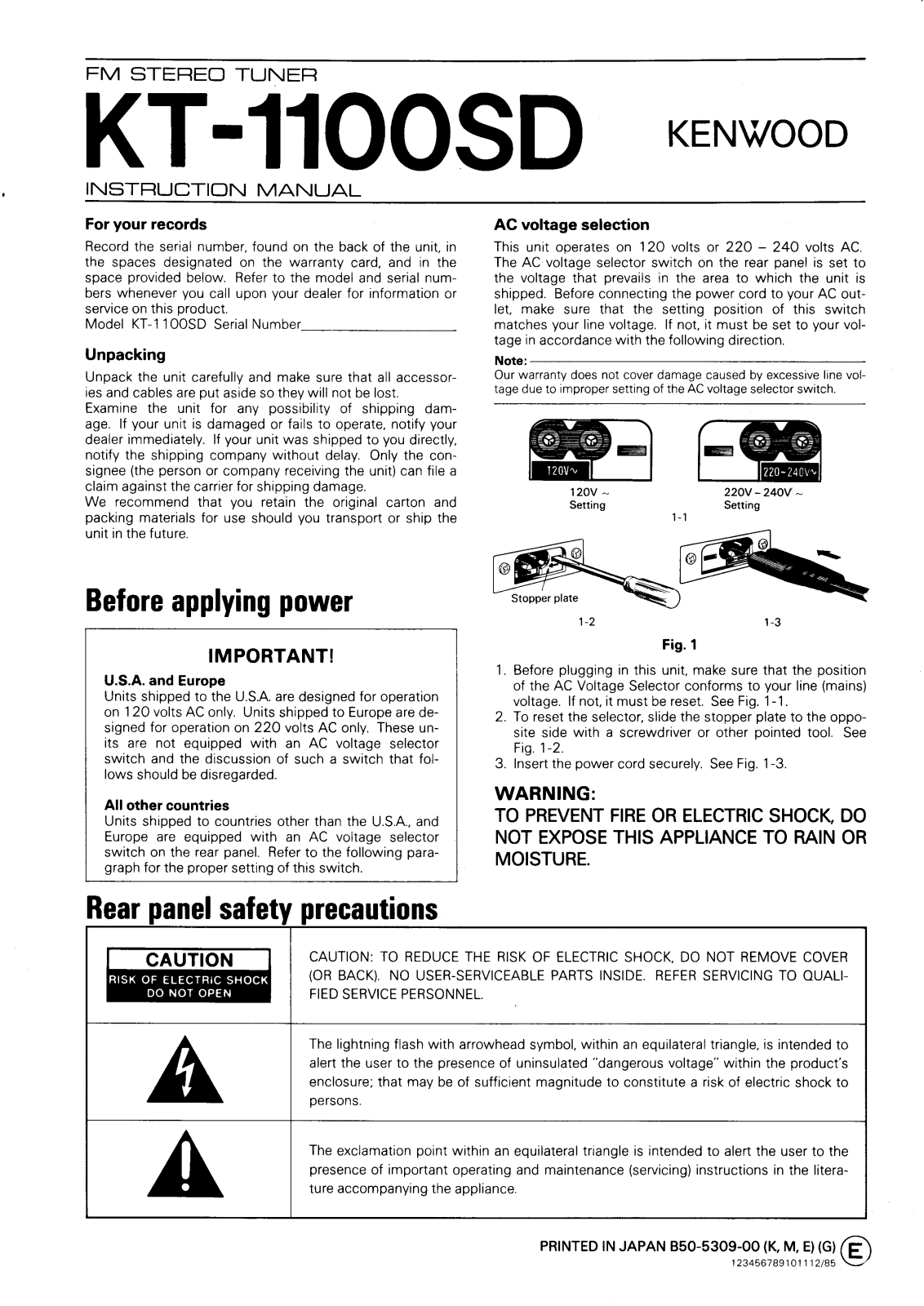 Kenwood KT-1100-SD Owners Manual