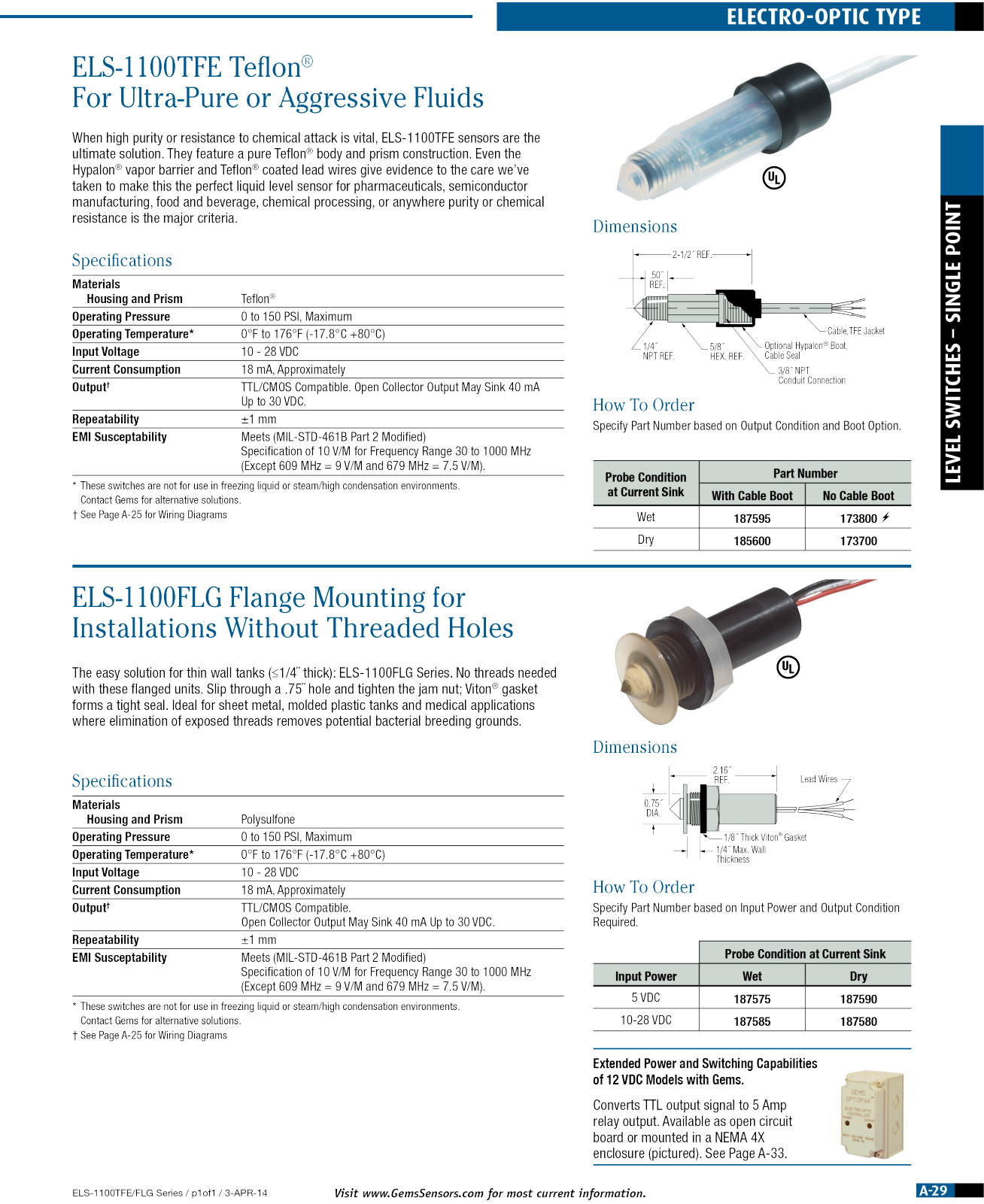 Gems Sensors & Controls ELS-1100FLG Specifications