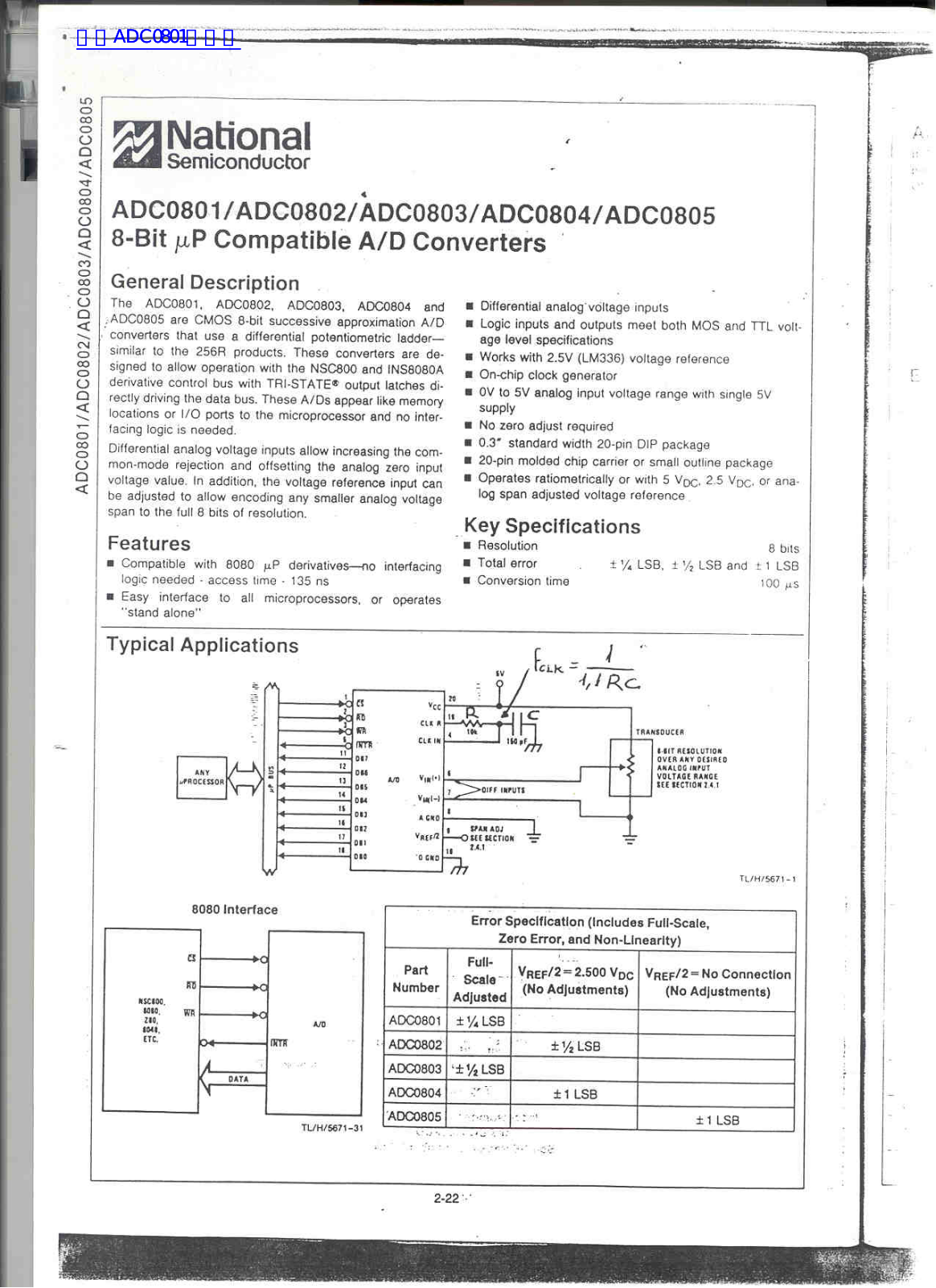 National Semiconductor ADC0801, ADC0802, ADC0803, ADC0804, ADC0805 Technical data