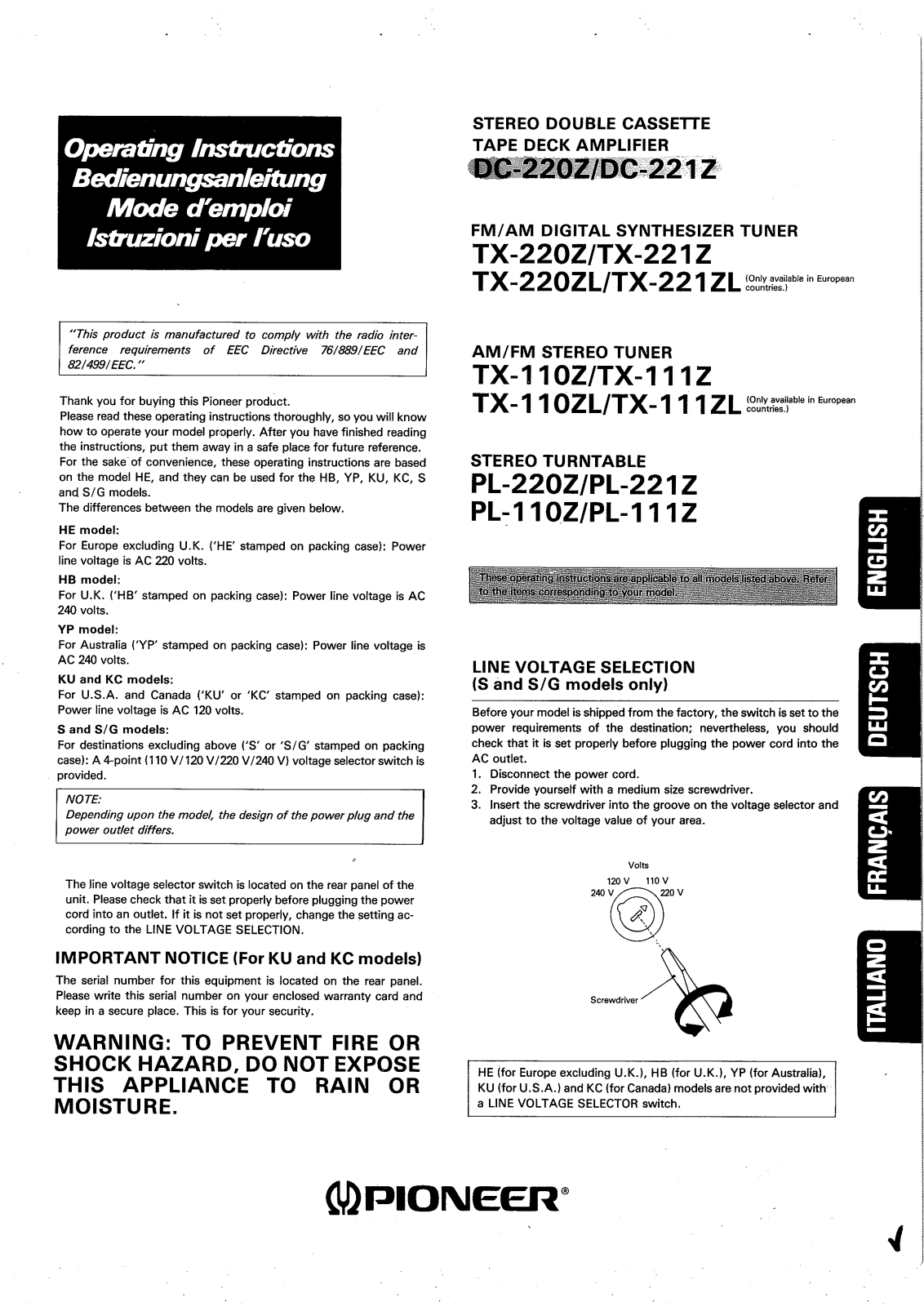 Pioneer TX-220Z, TX-110ZL, PL-111Z, TX-221Z, PL-221Z User Manual