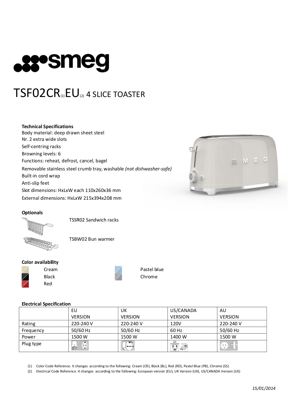 Smeg TSF02BLEU, TSF02CREU, TSF02PBEU, TSF02RDEU, TSF02SSEU User Manual