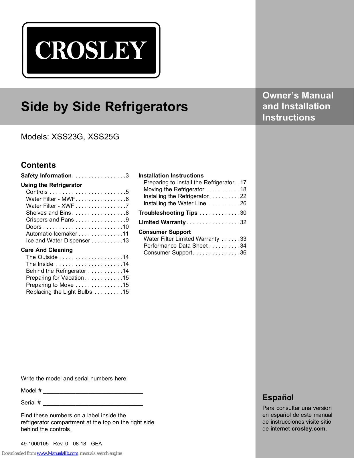 Crosley XSS23G, XSS25G Owner's Manual And Installation Instructions