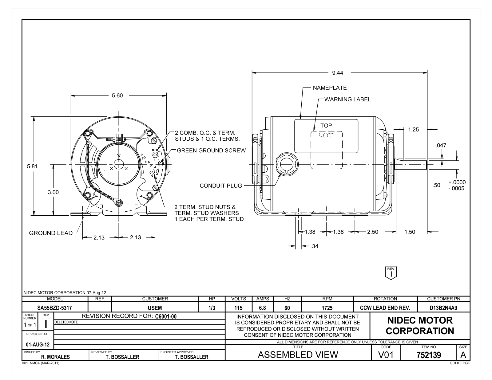 US Motors D13B2N4A9 Dimensional Sheet