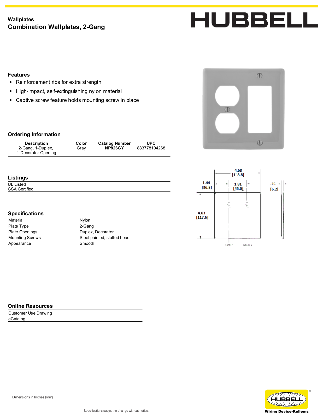 Hubbell NP826GY Specifications