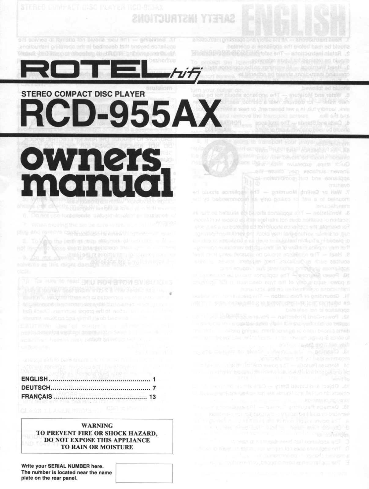 Rotel RCD955AX User Manual