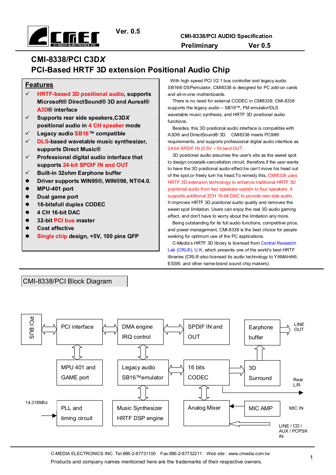 CMED CMI8338-PCIC3DX Datasheet