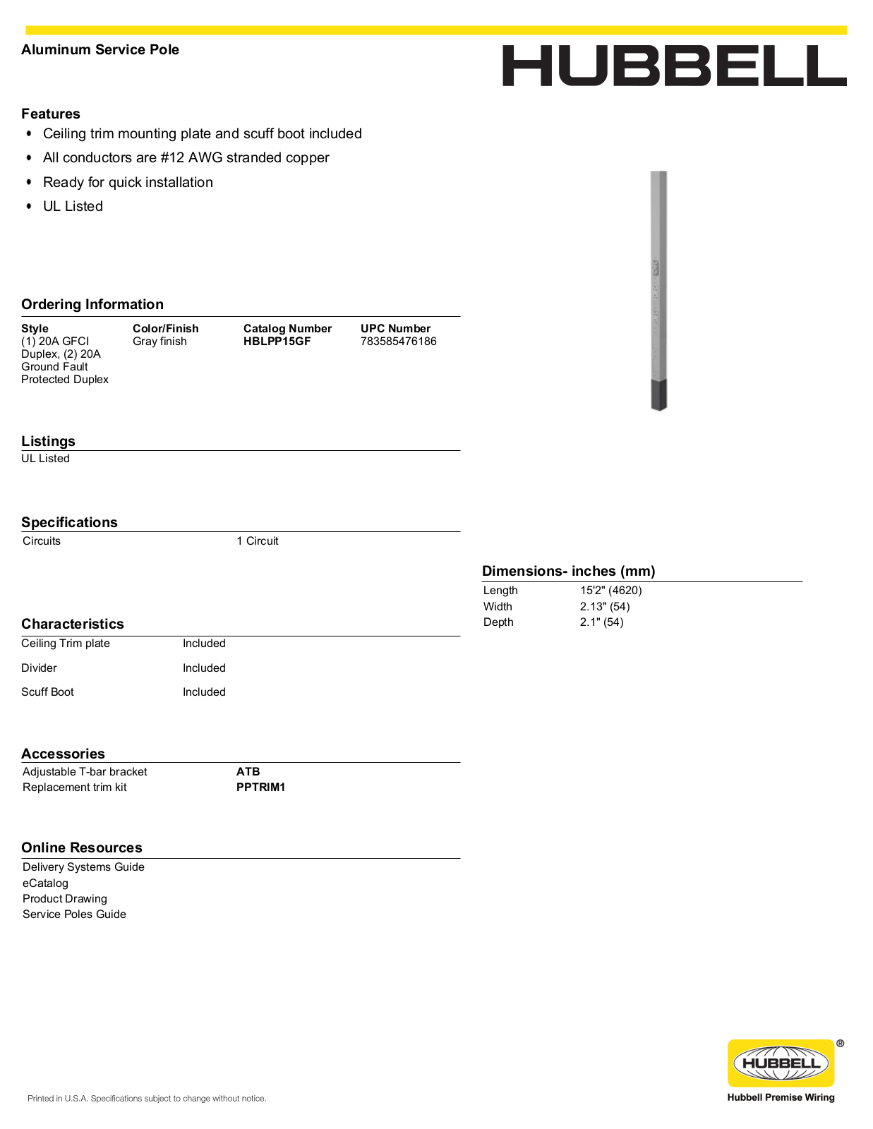 Hubbell HBLPP15GF Specifications