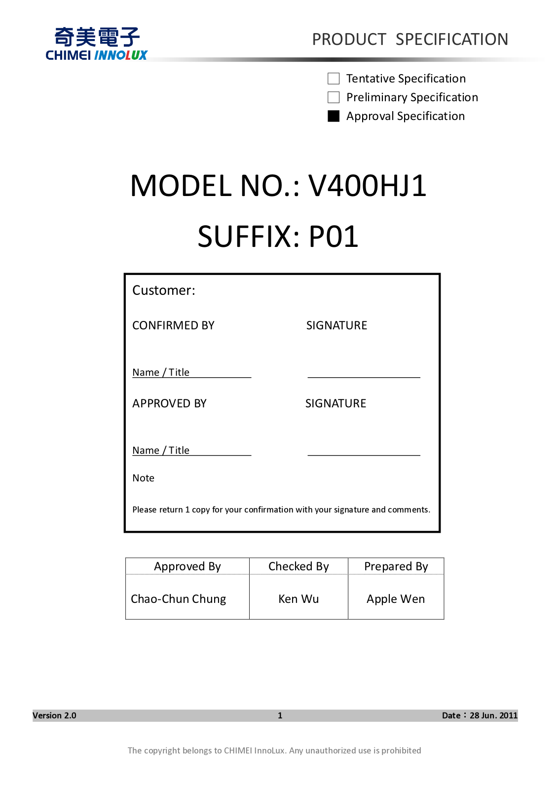 CHIMEI INNOLUX V400HJ1-P01 Specification