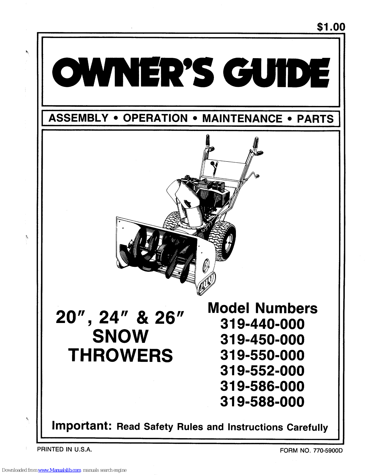 MTD 319-440-000, 319-550-000, 319-552-000, 319-586-000, 319-588-000 Maintance Manual