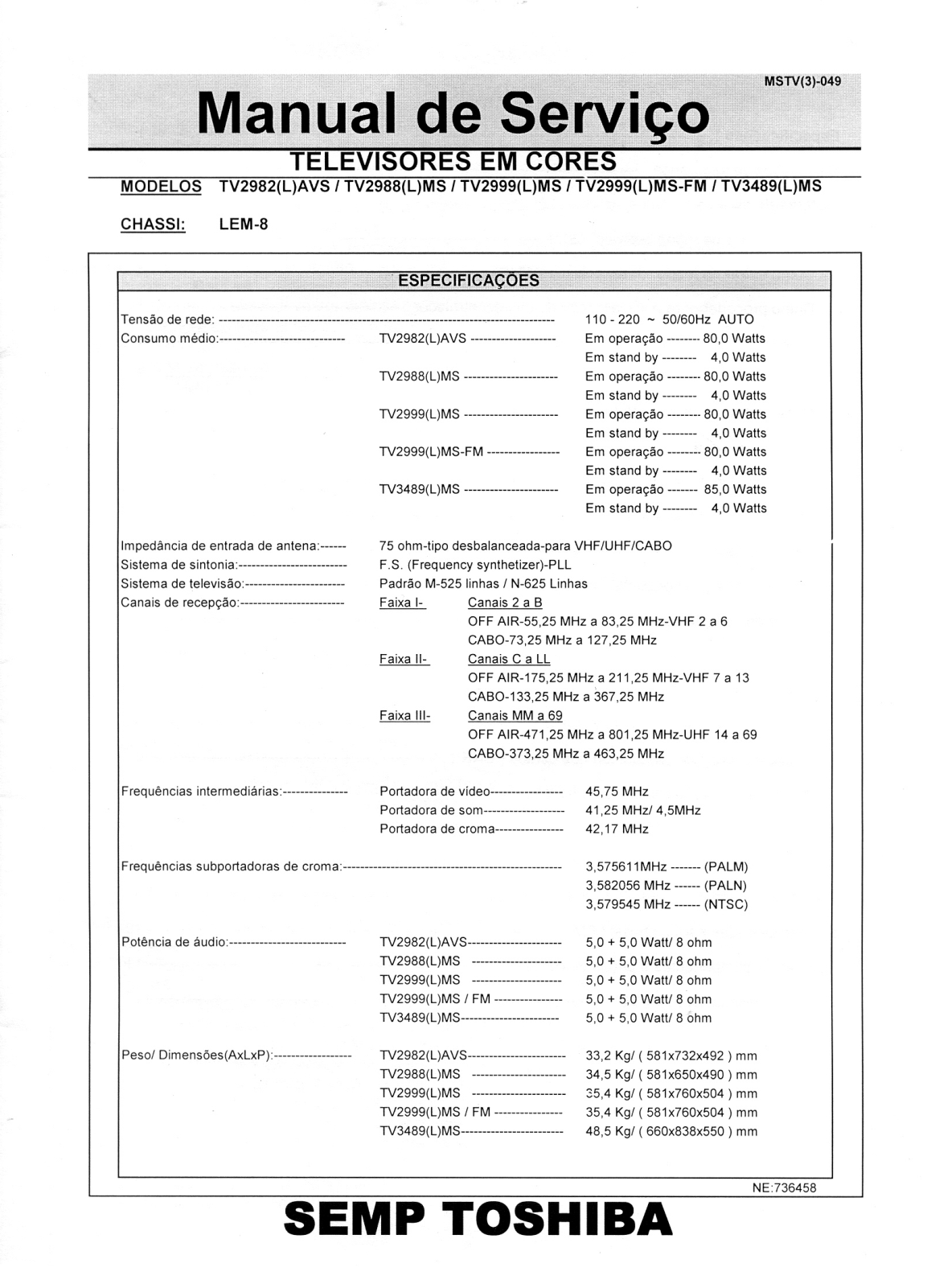 Toshiba TV2982AVS, TV2988 LMS, TV-2999LMS, FM-3489-LMS Schematic