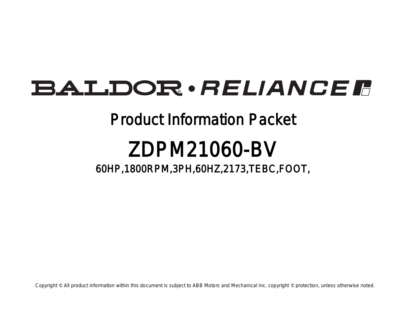 Baldor ZDPM21060-BV Product Information Sheet