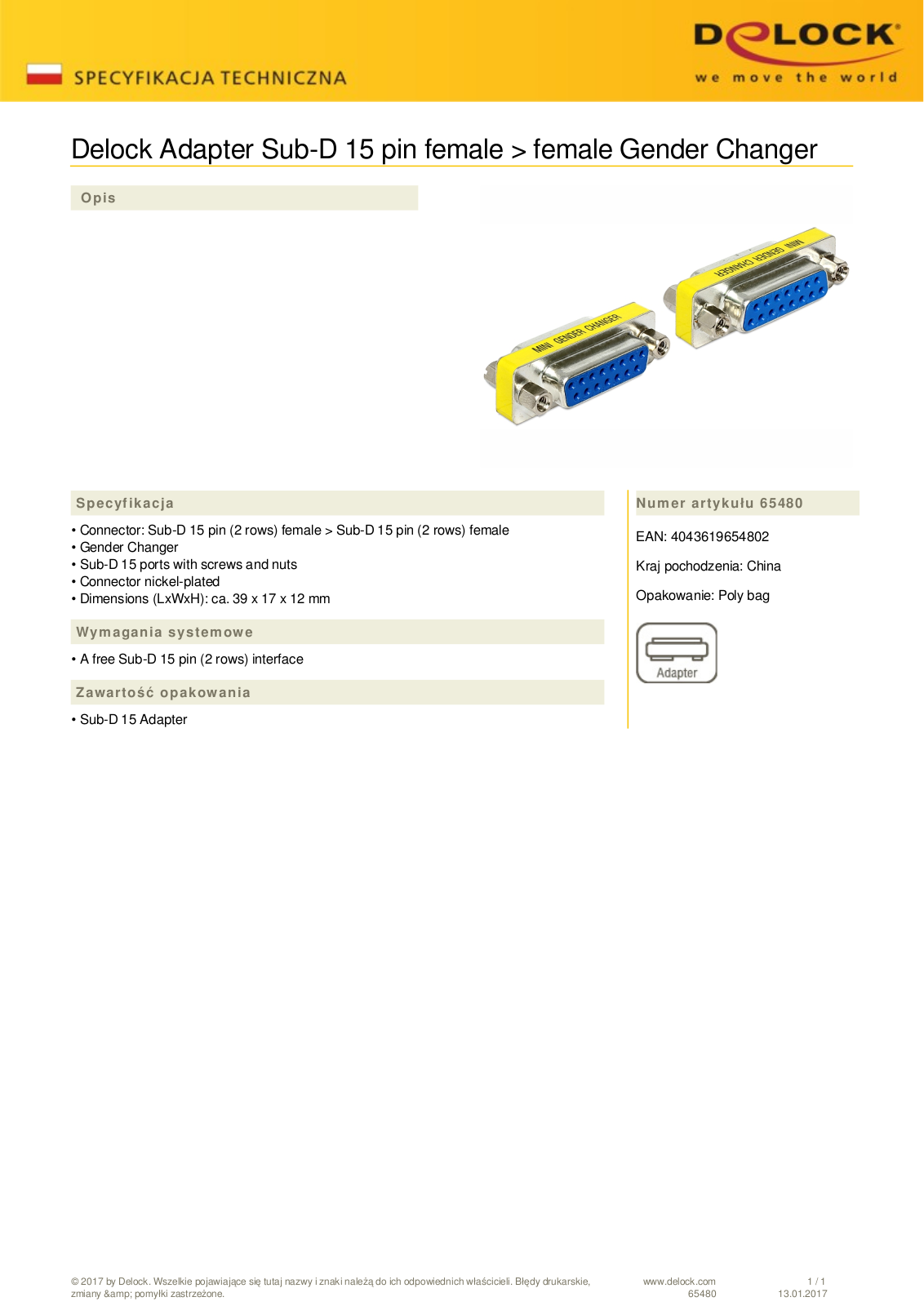 DeLOCK Sub-D 15-Pin adapter, socket User Manual