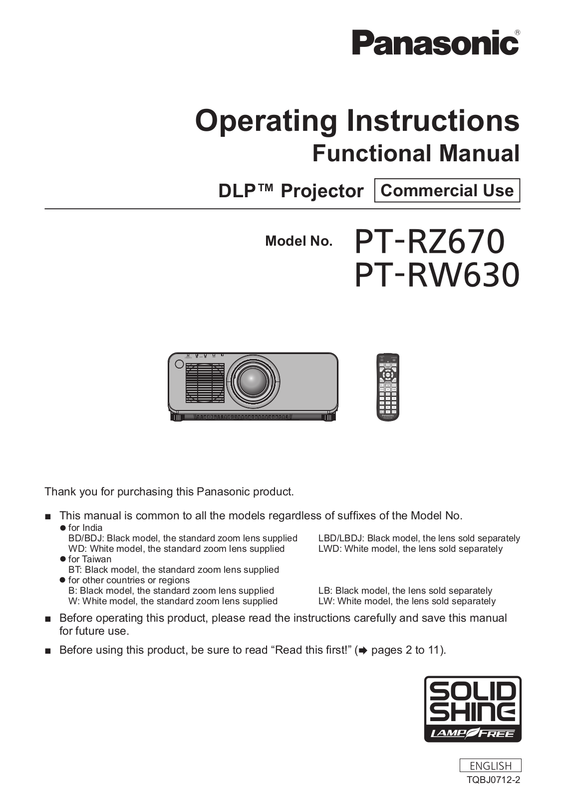 Panasonic PT-RZ670WU, PT-RZ670LWU, PT-RZ670LBU, PT-RZ670BU User Manual
