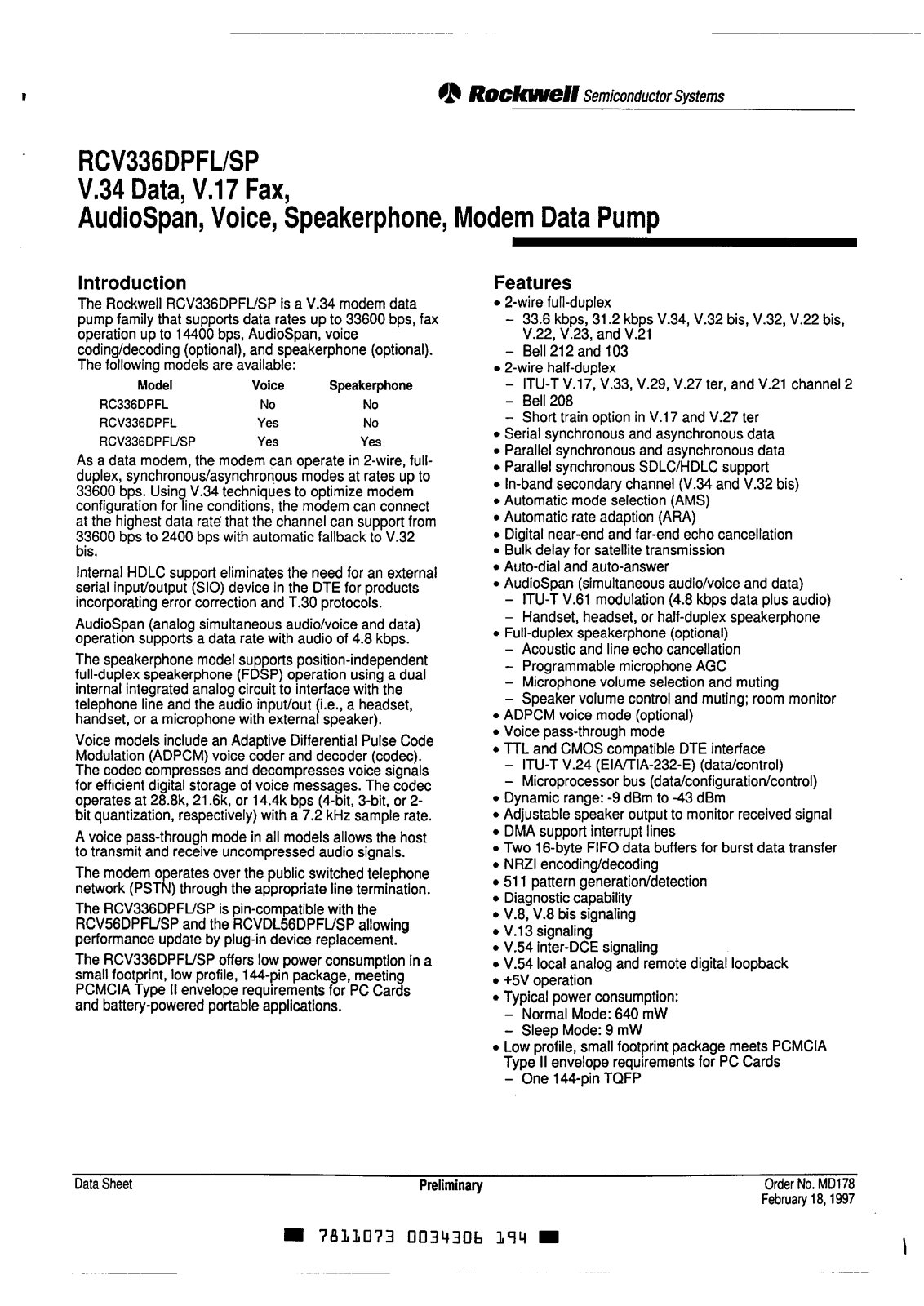 ROCKWELL RC336DPFL, RCV336DPFL, RCV336DPFL-SP Datasheet