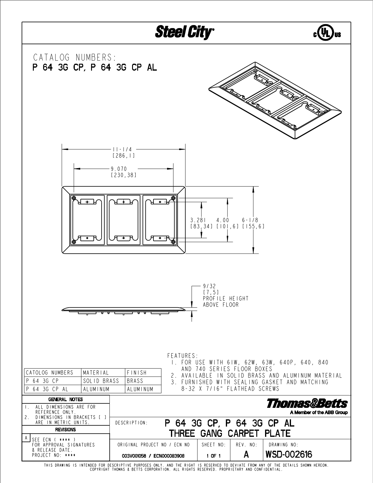 Thomas & Betts P 64 3G CP, P 64 3G CP AL Reference Drawing - ManualMachine.com