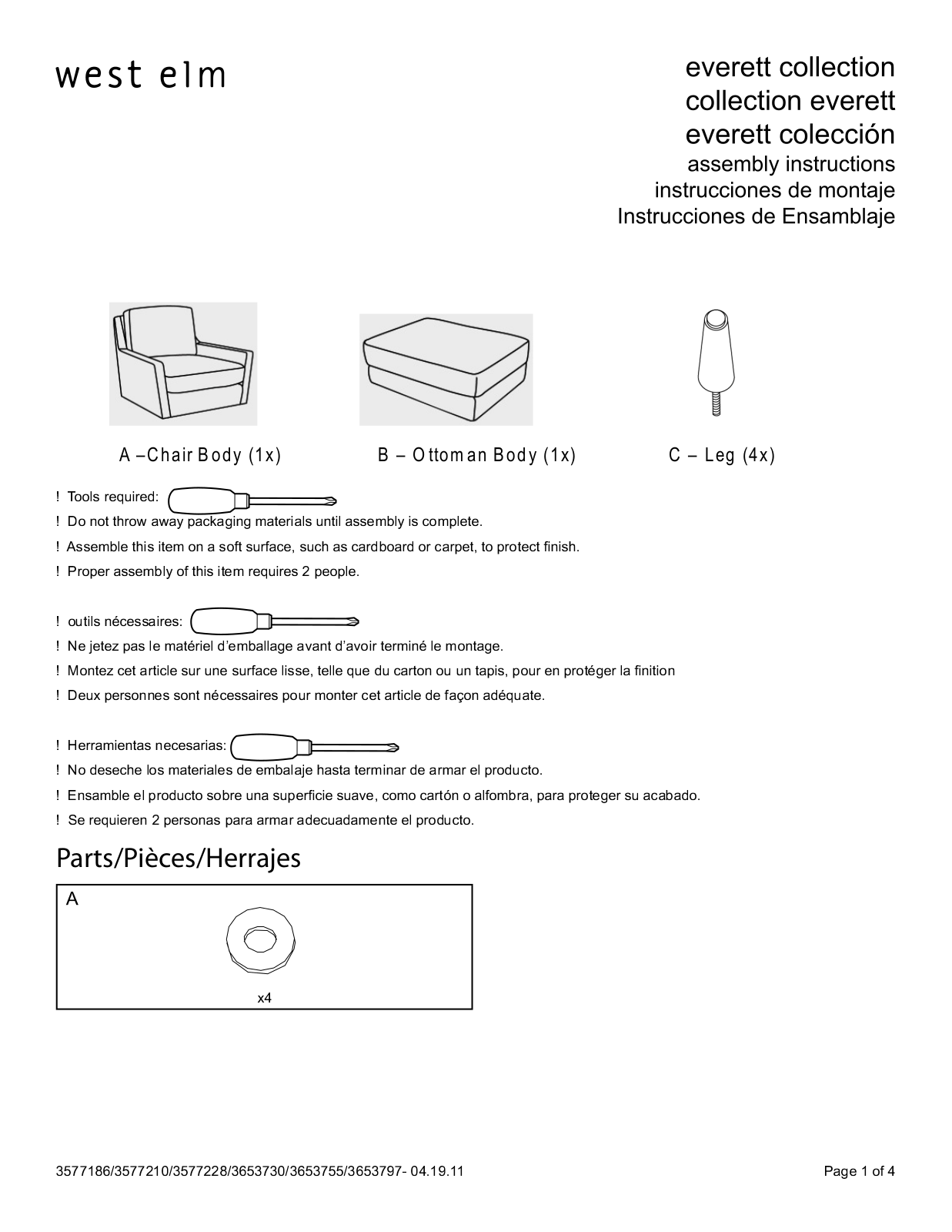 West Elm Everett Kantha Chair, Everett Leather Chair, Everett Leather Ottoman Assembly Instruction