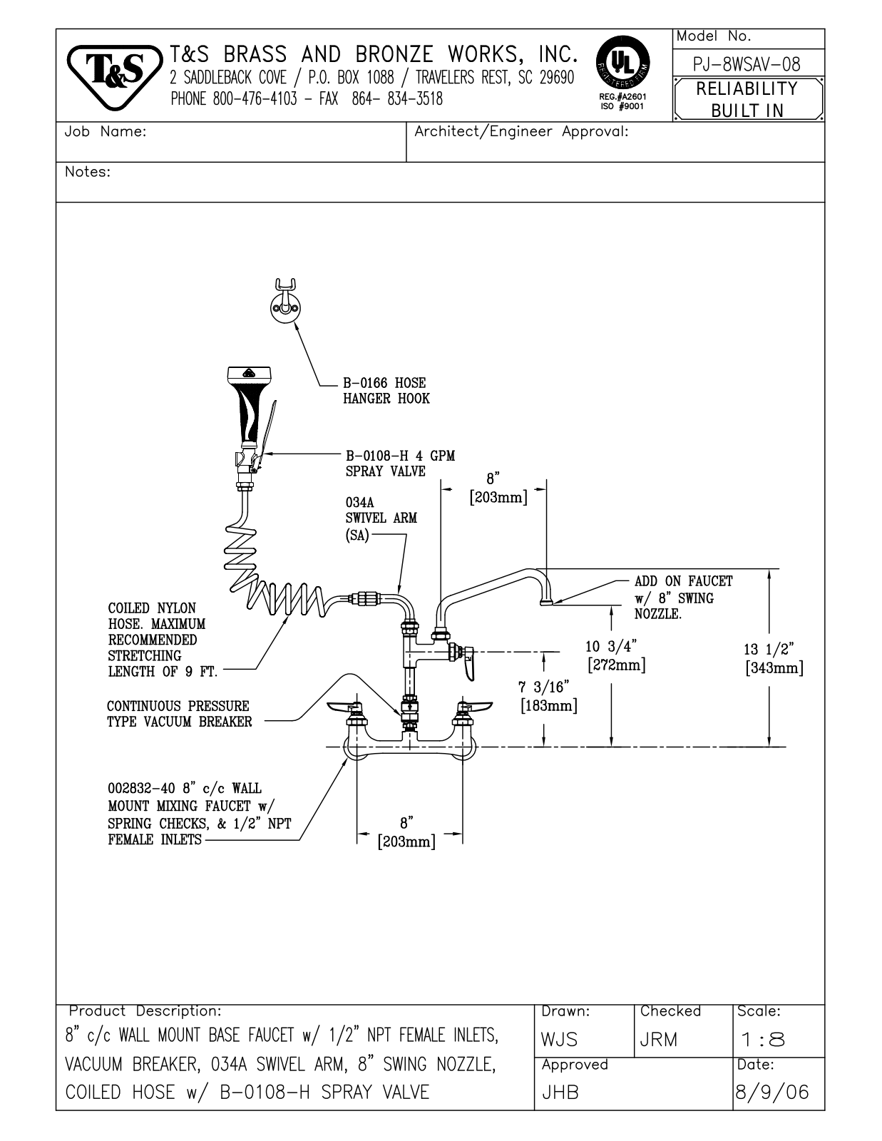 T&S Brass PJ-8WSAV-08 User Manual