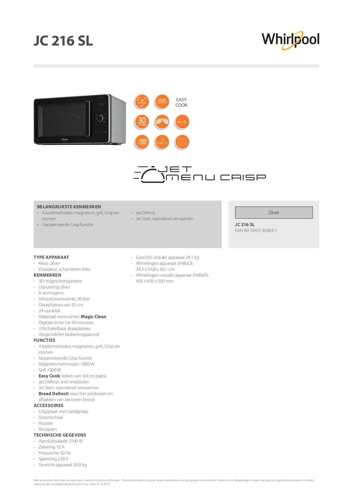 Whirlpool JC 216 SL Product information