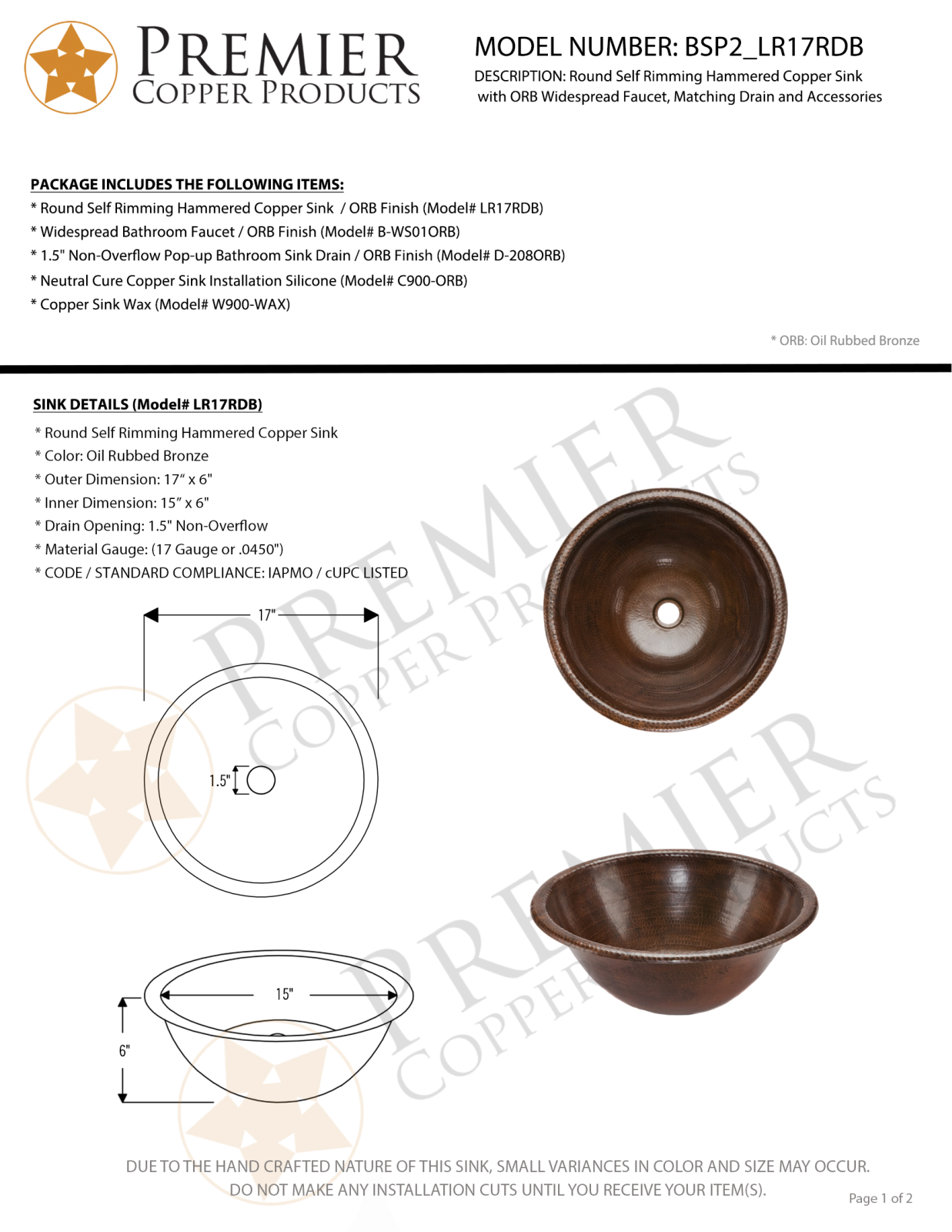 Premier Copper Products IER1468 Specifications - ManualMachine.com