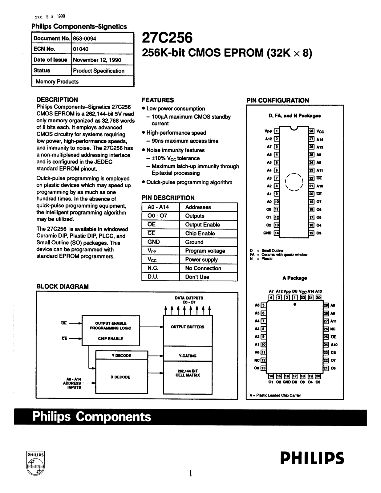 Philips 27C256I20N, 27C256I20FA, 27C256I20D, 27C256I15N, 27C256I15FA Datasheet