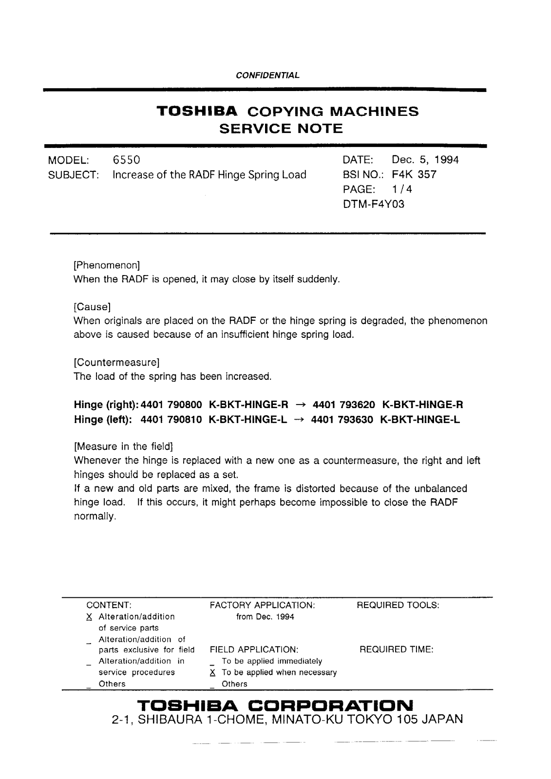 Toshiba f4k357 Service Note