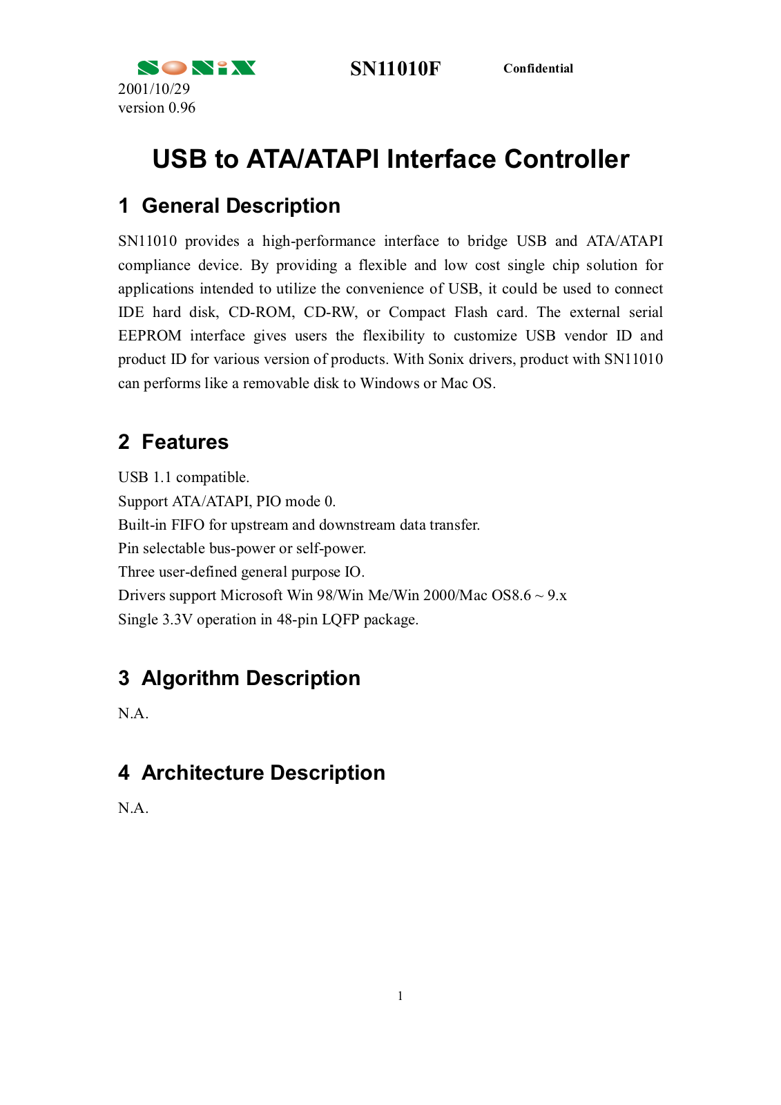 SONIX SN11010F Datasheet