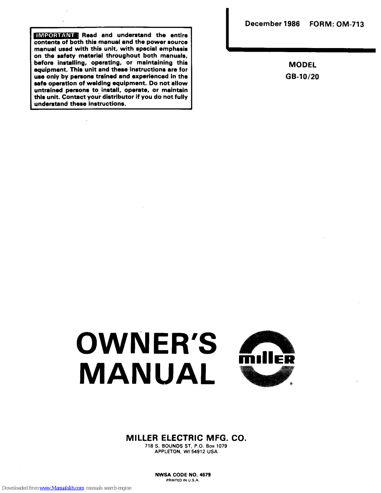 Miller Electric GB-10, GB-20 Owner's Manual