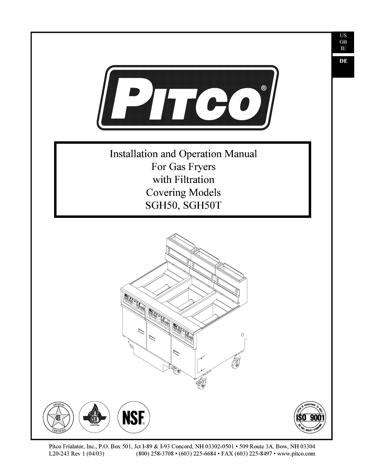 Pitco Frialator SGH50, SGH50T Operation Manual