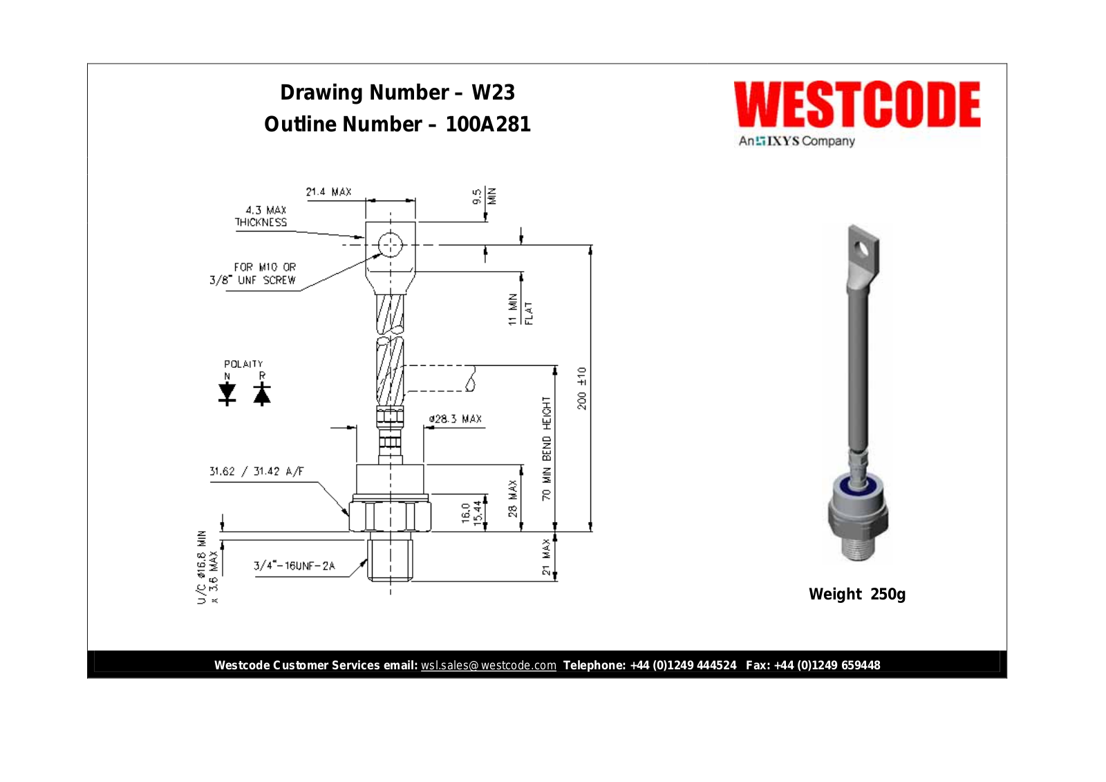 Westcode Semiconductors W23 100A281 Dimensional Sheet