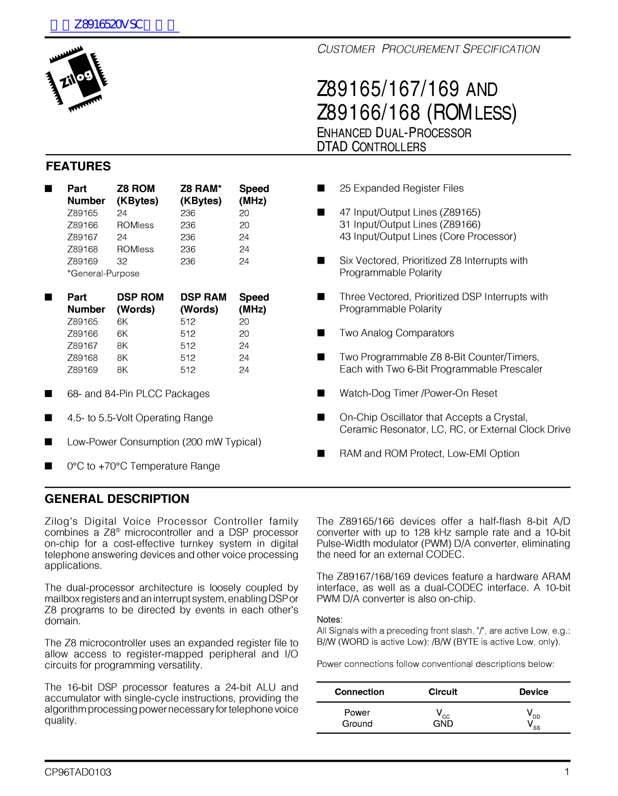 ZiLOG Z89165, Z89167, Z89169, Z89166, Z89168 PRODUCT SPECIFICATION