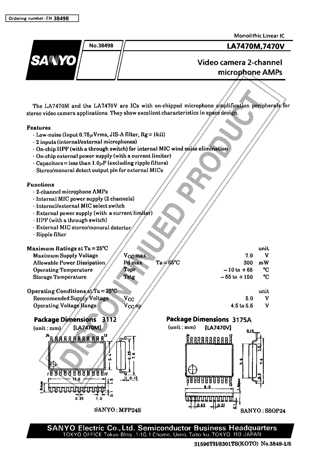 Sanyo LA7470M Specifications