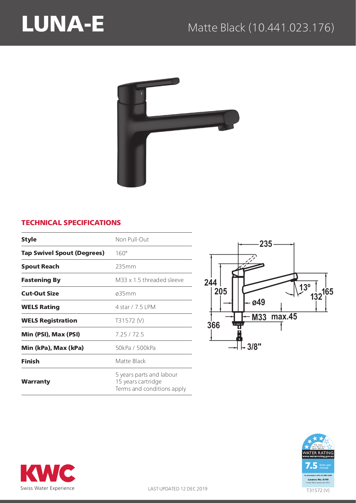 KWC 10441023176 Specifications Sheet