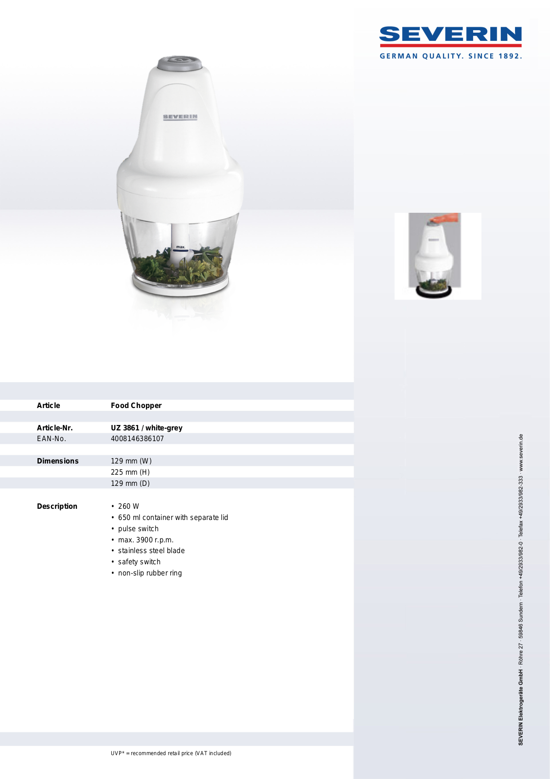 Severin FOOD CHOPPER, UZ 3861 User Manual