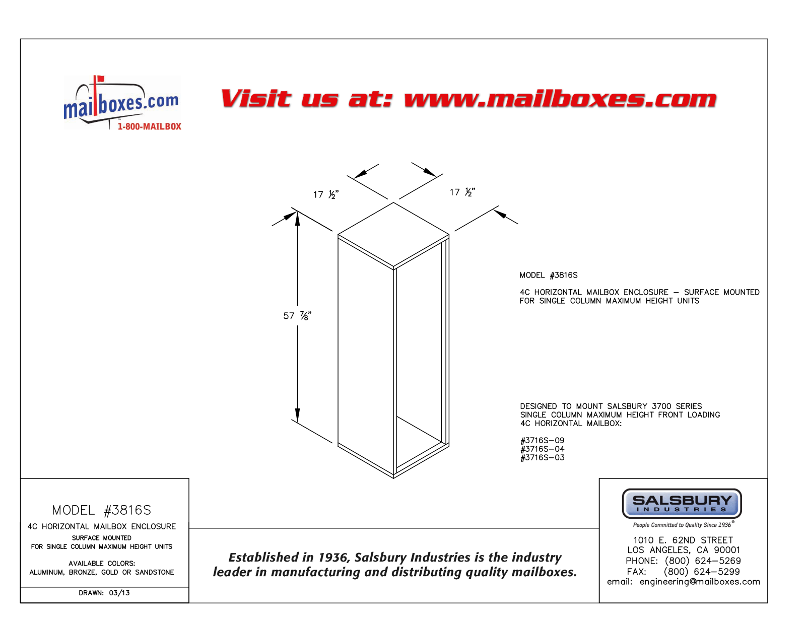 Salsbury Industries 3816SSAN, 3816SALM, 3816SBRZ, 3816SGLD User Manual