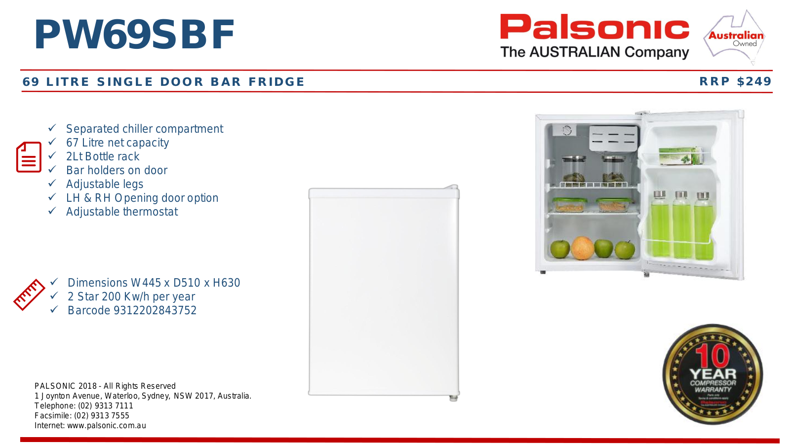 Palsonic PW69SBF Specifications Sheet