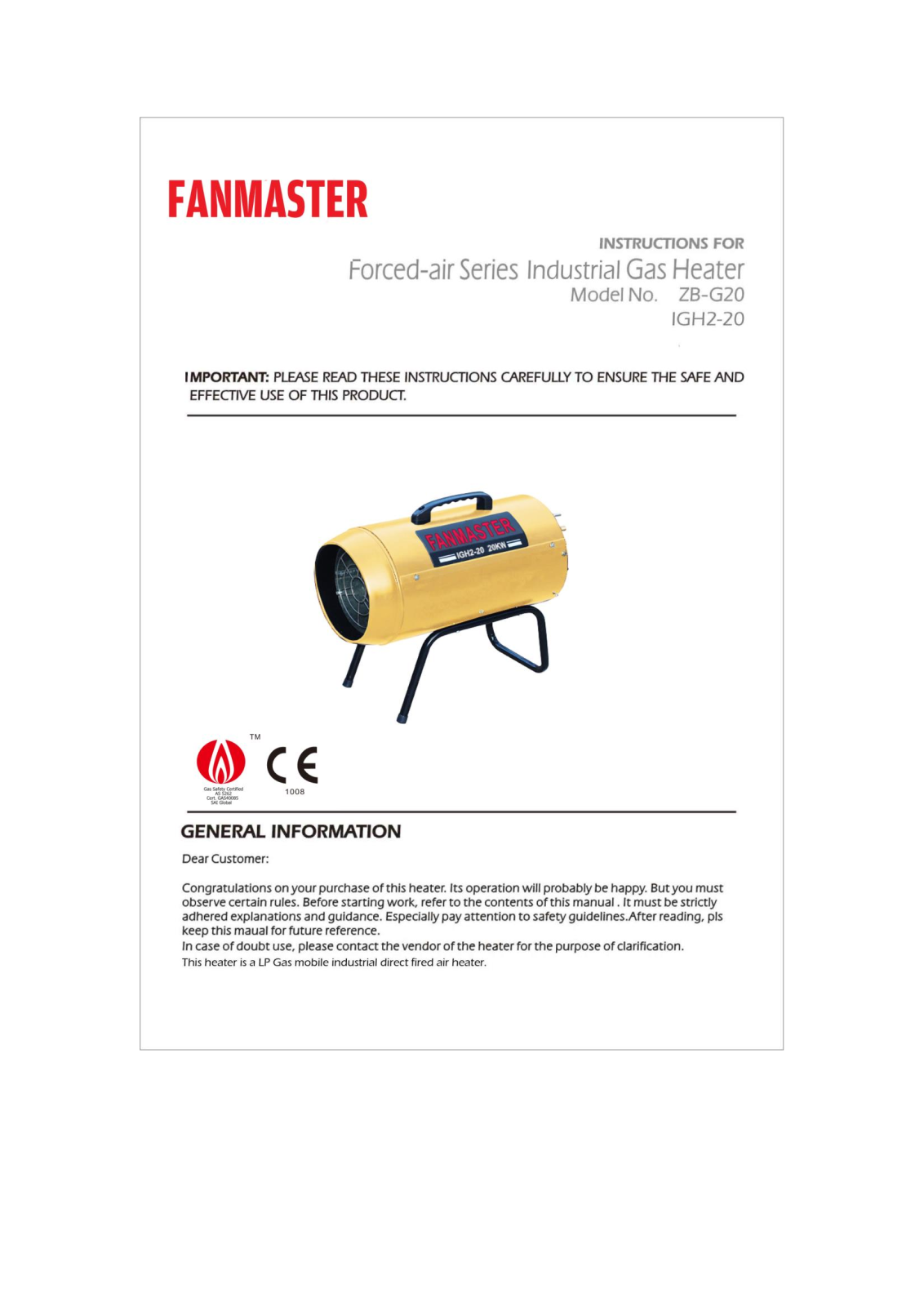 Fanmaster ZB-G20, IGH2-20 User Manual