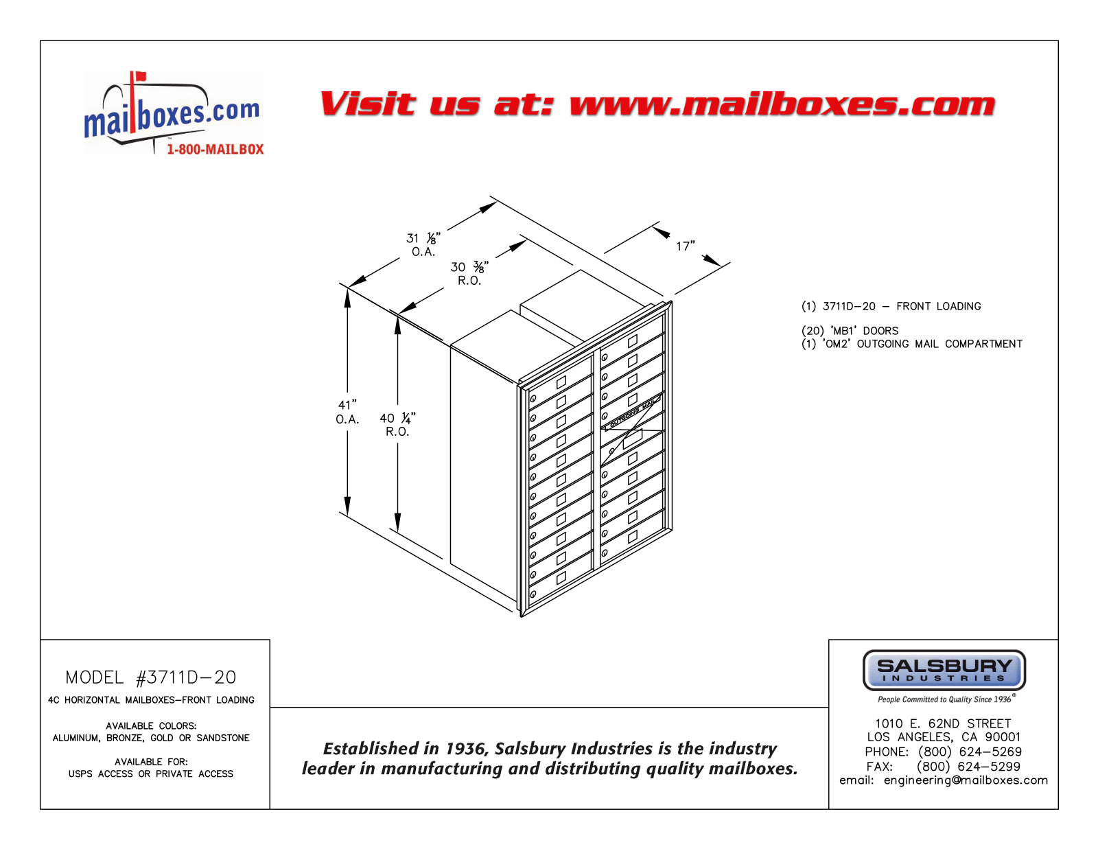 Salsbury Industries 3711D20ZFP, 3711D20ZFU User Manual