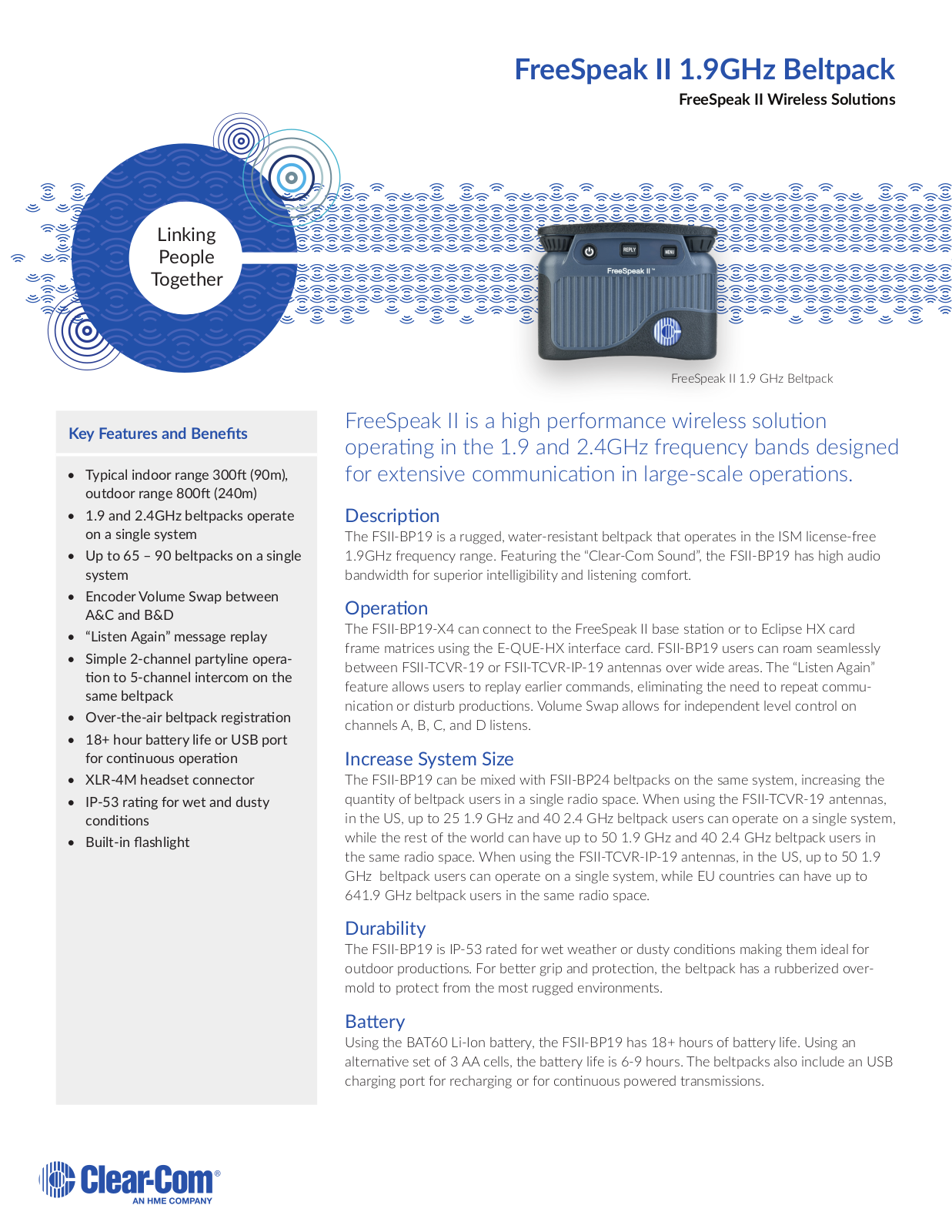 Clear-Com FreeSpeak II-19 Datasheet