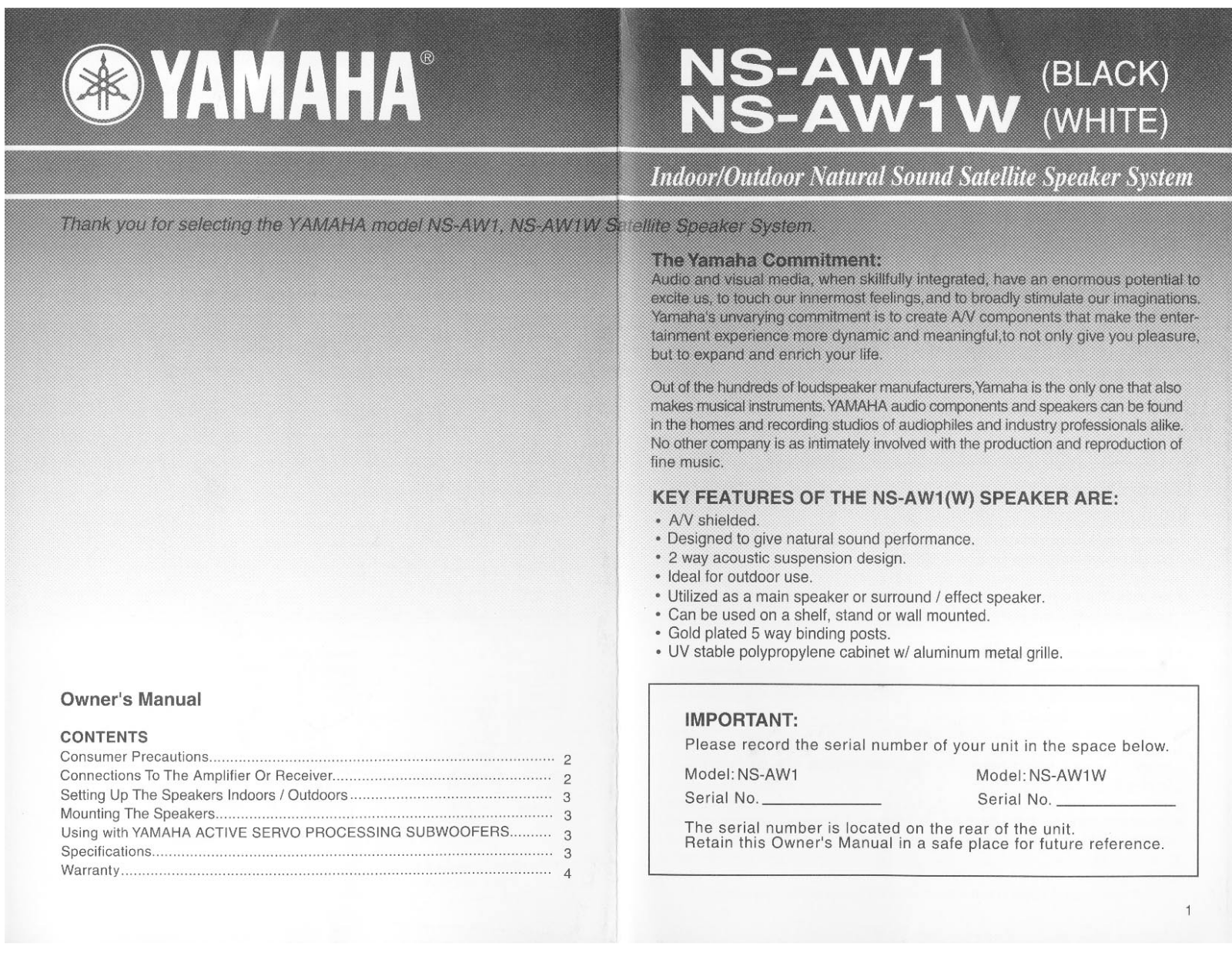 Yamaha NS-AW1, NS-AW1W Owner's Manual