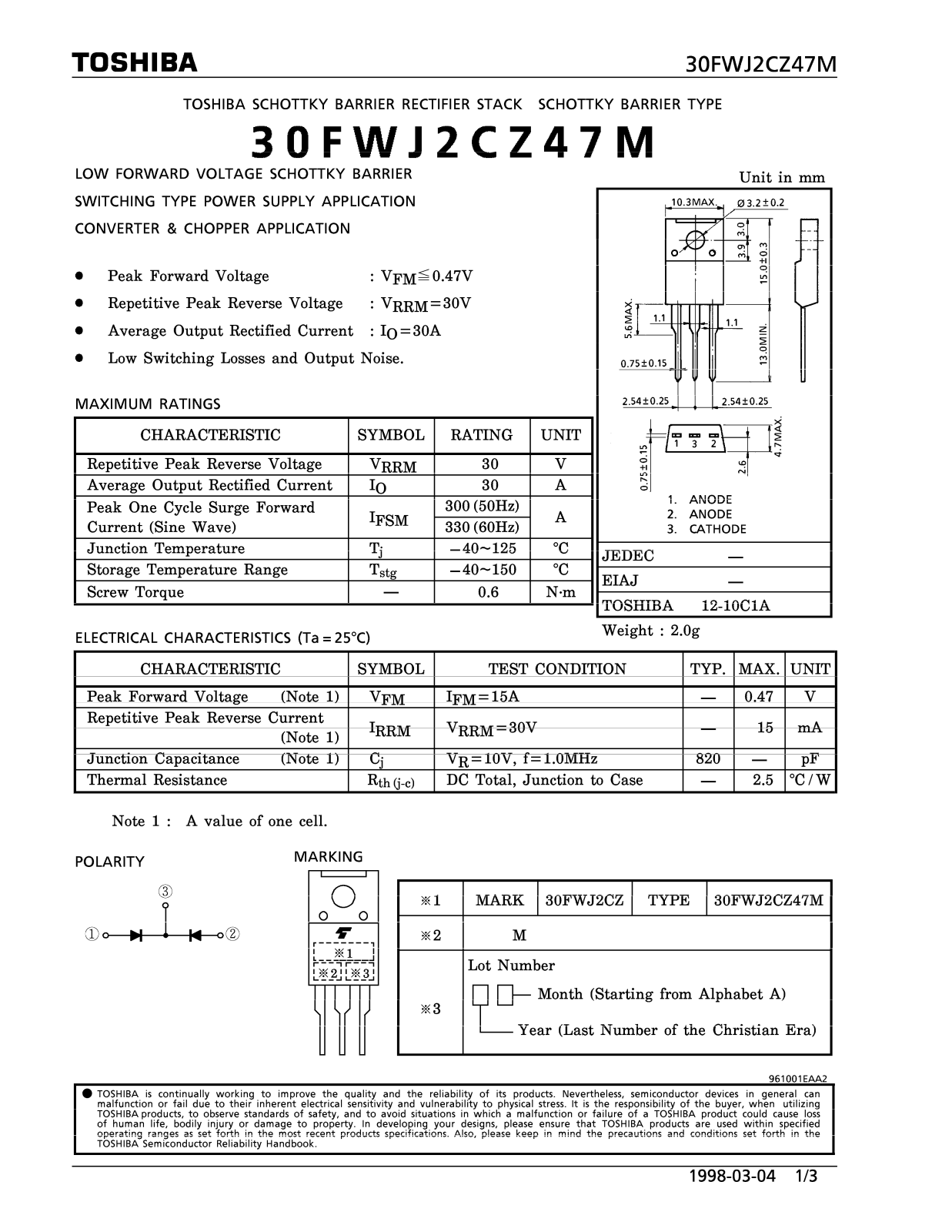 Toshiba 30FWJ2CZ47M Datasheet