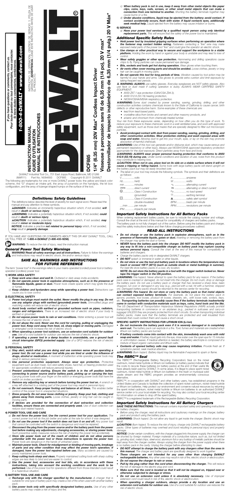 DeWalt DCF885C2 TYPE1 Owner’s Manual