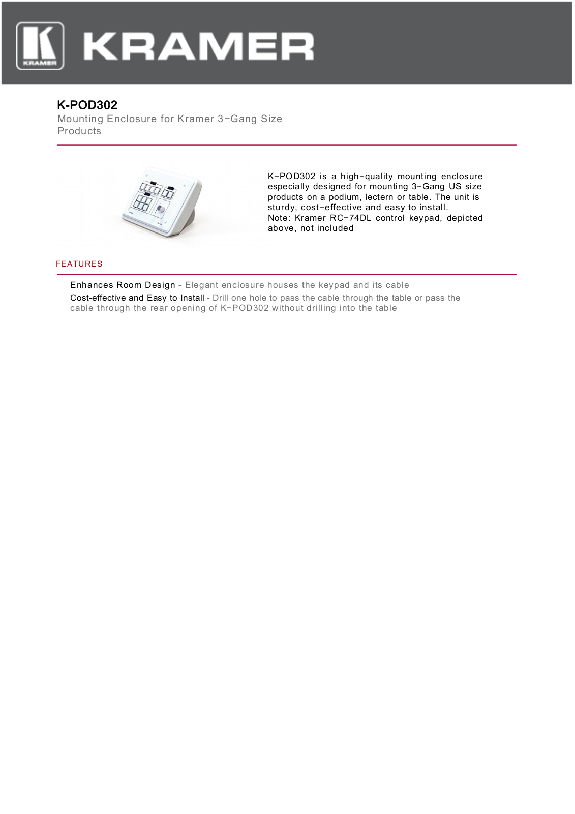 Kramer K-POD302 Datasheet