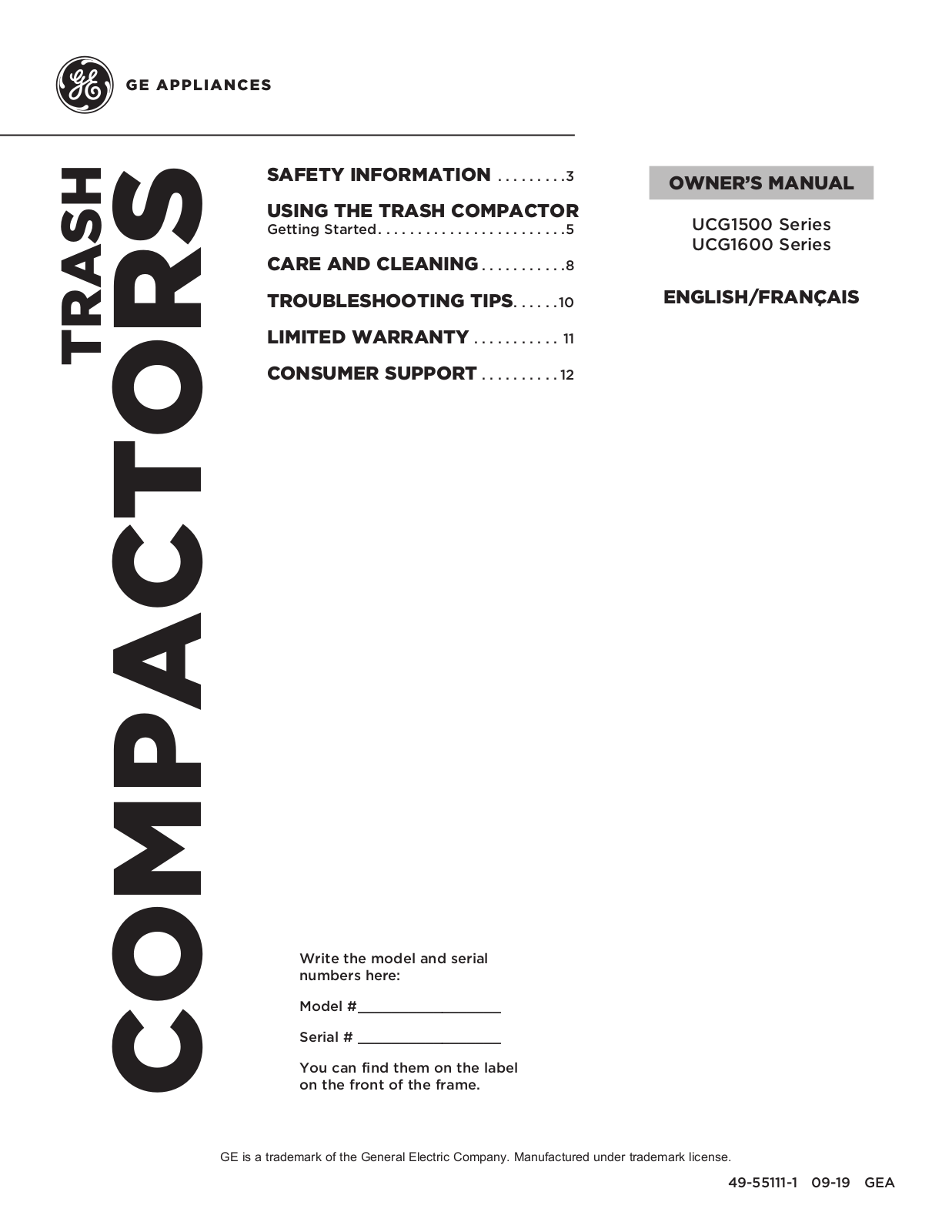 GE UCG1520NSS, UCG1500NWW User Manual