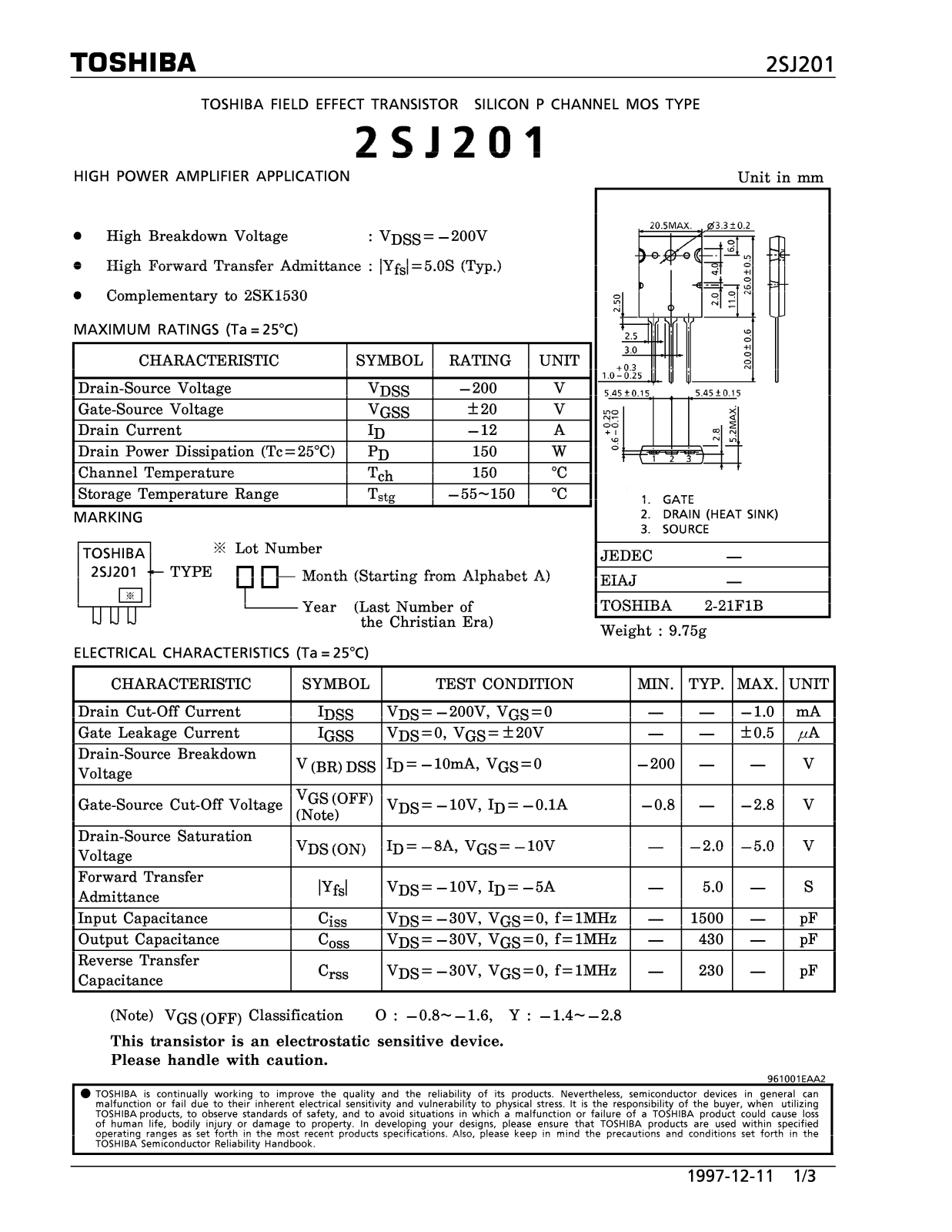 Toshiba 2SJ201 Datasheet