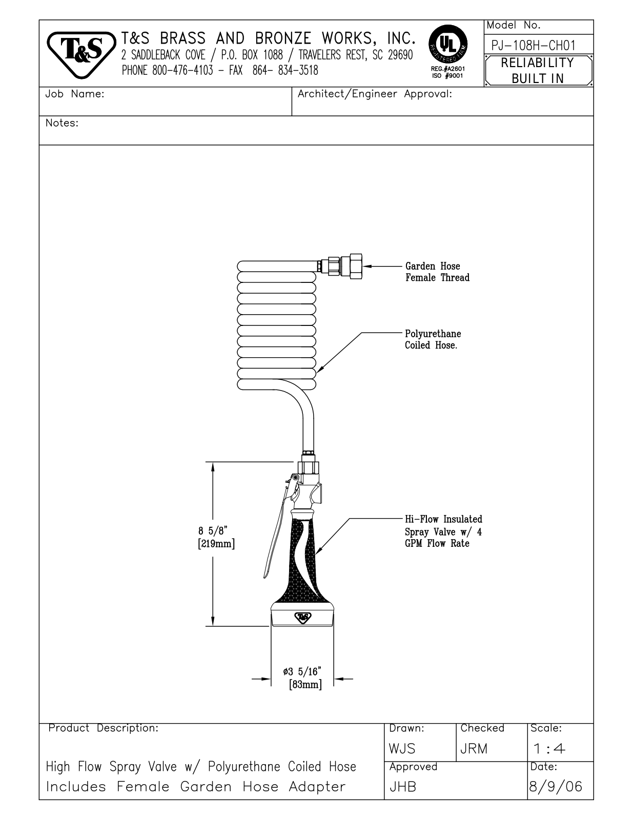 T&S Brass PJ-108H-CH01 User Manual