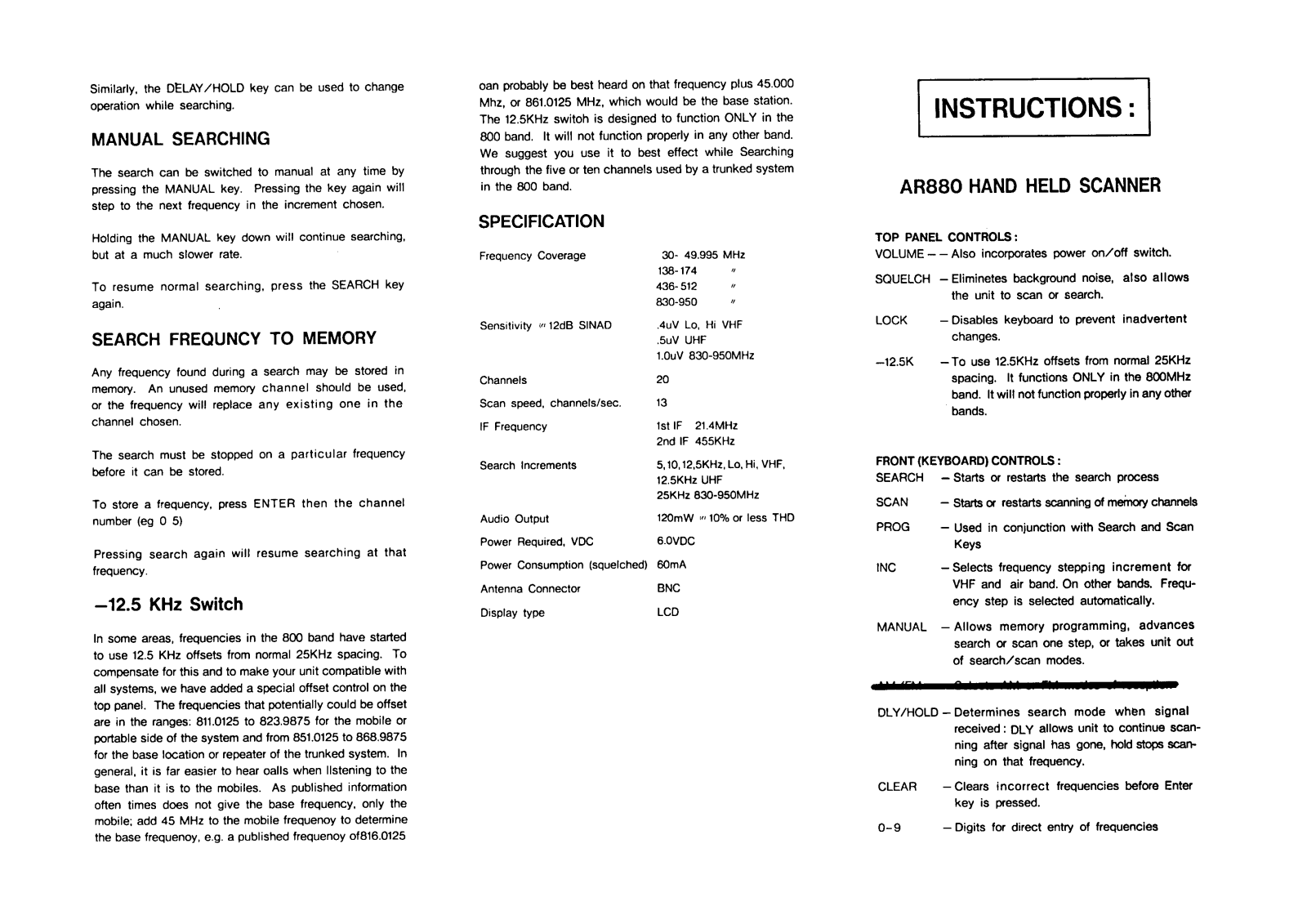 AOR AR880, AR800 User Guide