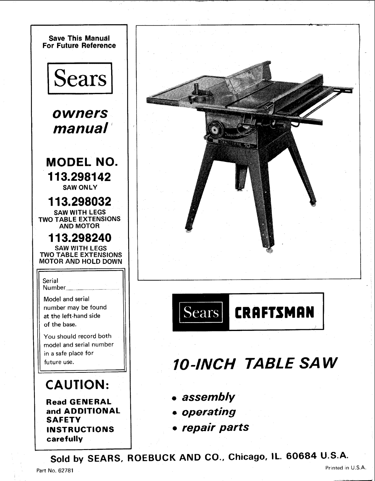 Craftsman 113298240, 113298142 Owner’s Manual